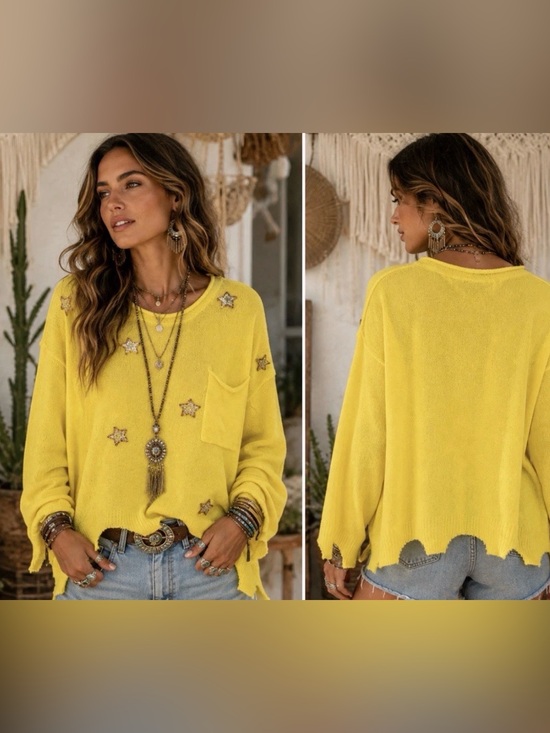 Peach Love California Tops - H114 NWT Peach Love California L pp30 Yellow Distresse Star Lightweight Sweater